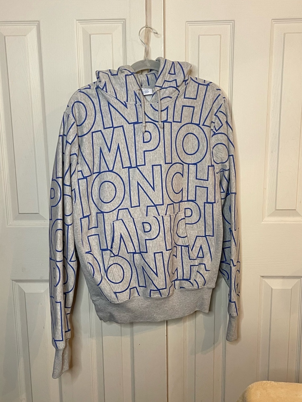 Champion All Over Script Logo Hoodie Grey Blue Medium